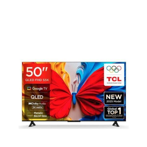 52-inch? Actually 50-inch TCL QLED 4K TV with colorful butterfly artwork and stand; highlights include Google TV, Dolby Audio, and 2025 model label.