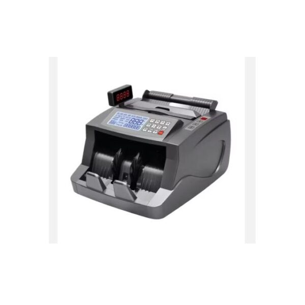 Electronic currency counting machine with a digital display, hopper, and rolled stacks of bills loaded for counting.