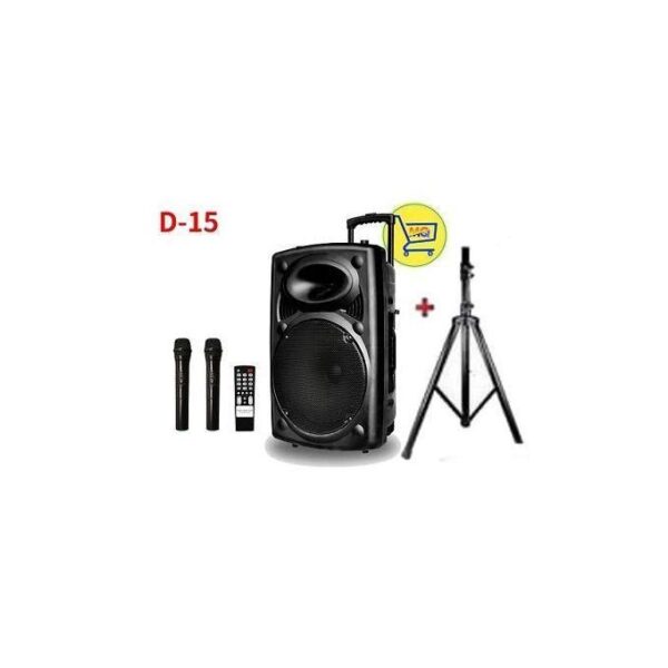 D-15 portable speaker with two wireless mics, remote, and tripod stand included.