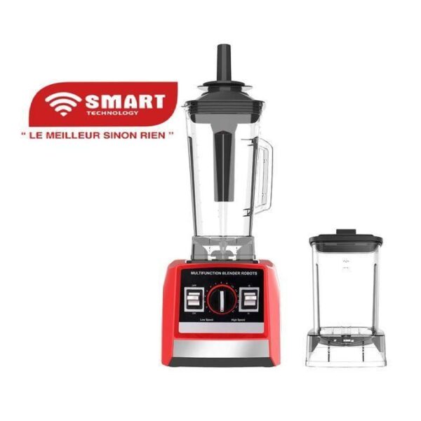 Red multifunction blender with tall transparent jar attached to a red base, plus a separate blending cup on the side, brand label 'SMART Technology' visible.