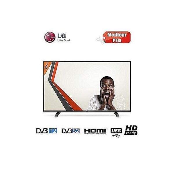 32-inch LG TV on a stand showing a surprised man, with LG and Meilleur Prix logos above and DVB/T2, DVB/S2, HDMI and USB icons below.