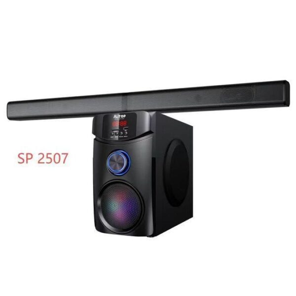PC-style home audio speaker system with a long top bar and a standalone subwoofer; model SP 2507 visible on the unit.