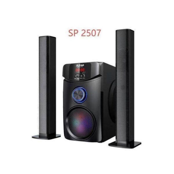 SP 2507 speaker system with two tall black satellite speakers and a subwoofer with blue LED ring.