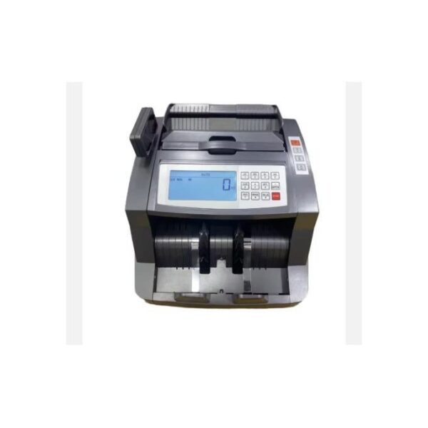 Currency counting machine with keypad and blue display on white background
