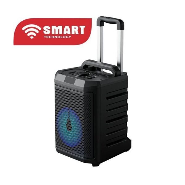Black portable Bluetooth speaker with a retractable handle, blue LED light on the grille, and the Smart Technology logo in the top-left corner