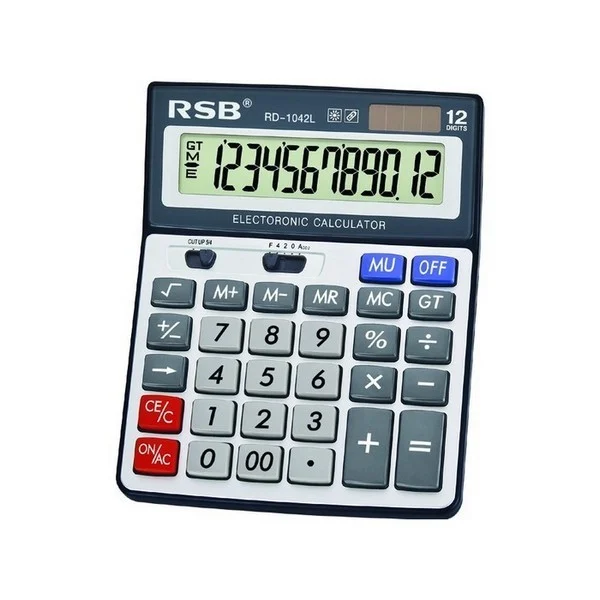 Electronic calculator with a large LCD display showing 1 2 3 4 5 6 7 8 9 0 . 12 digits; labeled RSB and 'ELECTRONIC CALCULATOR' with gray keypad and blue MU and OFF buttons.