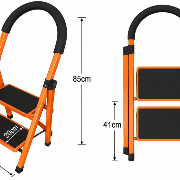 Orange and black folding step stool with two steps and a curved handle; dimensions show 90 cm tall and 47 cm base when open/standing off the ground, with 41 cm step height depicted in the side view.