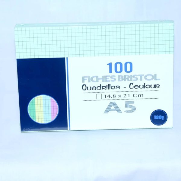 100 Fiches Bristol Quadrillées Couleur N°12 - Format A5 - TRIO