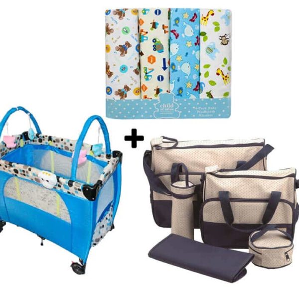 Kit Ensemble Berceau bleu + 4 Draps + Sac à langer