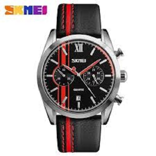 Montre homme à quartz chrono bracelet en cuir - Rouge