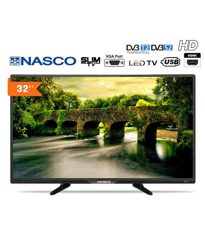 Nasco Slim TV LED 32" - Décodeur Intégré - HD - Régulateur de tension - HDMI - USB - VGA - Noir