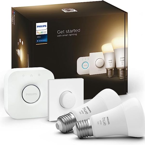 Kit d’ampoules intelligente Philips Hue White [Vis E27 Edison] + bouton intelligent avec Bluetooth, Fonctionne avec Alexa, Google Assistant, Apple Homekit