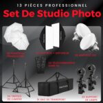 13-piece professional photo studio set on a dark background, showing umbrellas, softboxes with diffusers, LED bulbs, stands, remotes and a carry bag.