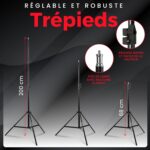 advertisement image showing three photography lighting stands set at different heights with red measurement lines (200 cm and 188 cm) against a dark gradient background, plus circular close-ups of parts and French text.