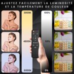 Interface showing brightness and color-temperature controls (3000K, 4800K, 6000K) with a hand holding a remote among sample photos of a woman and cakes.