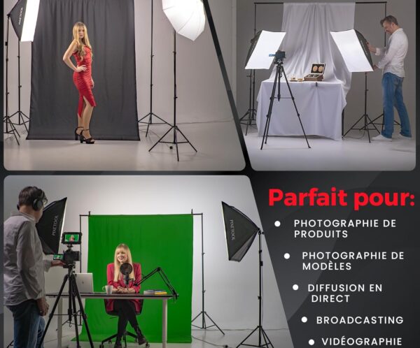 Model in a red dress posing in a photography studio with multiple lights and backdrops.