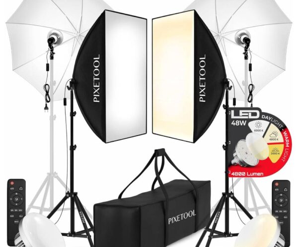 Two softbox lights on stands with LED panels, plus floor bulbs, remotes, and a black carrying bag for a photography studio kit.