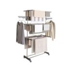 Séchoir à linge inox étendoir pliable sur roulettes, 3 étagères, avec ailes – Image 3