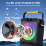 Haut-parleur portable 80 W avec DSP, subwoofer 6,5 pouces et réponse 20 Hz–20 kHz, anneaux lumineux multicolores.