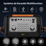 Karaoke system front panel with knobs, keypad, and a digital display; shows 'Système de Karaoké Multifunction' UI icons above (Bluetooth, TF card, USB, AUX, Live).