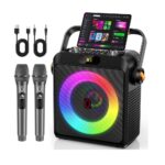 Portable karaoke speaker with rainbow LED ring, tablet screen on top, two wireless mics, and cables included