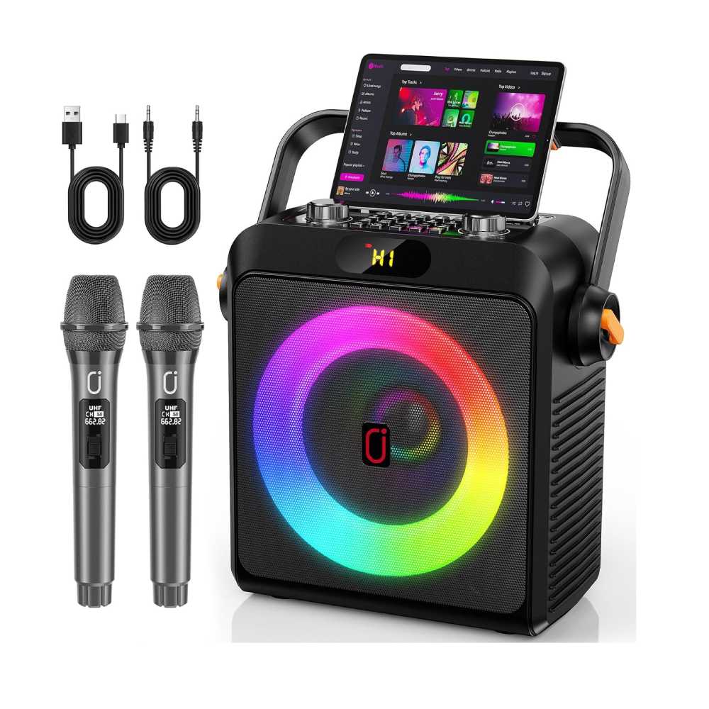 Nouveau projet Portable karaoke speaker with rainbow LED ring, tablet screen on top, two wireless mics, and cables included
