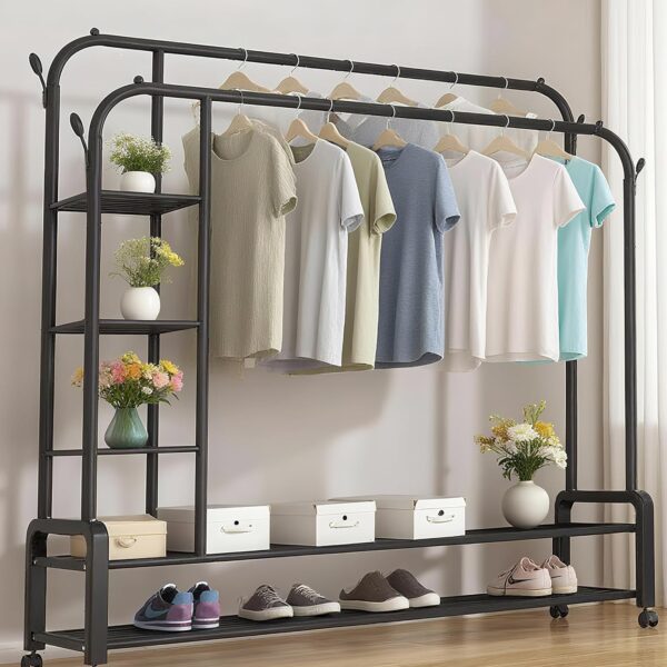 Portant à vêtements en métal Aewio à deux barres avec roulettes et étagère à chaussures à deux niveaux, 3 compartiments latéraux (120 cm, noir)