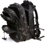 Camouflage tactical backpack with multiple zip compartments and MOLLE webbing on the front.