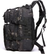 Camouflage tactical backpack with multiple zippered compartments and MOLLE webbing for modular gear storage as a rugged outdoor bag