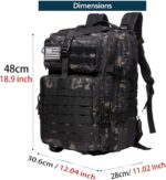 Camouflage tactical backpack with MOLLE straps and a small flag patch; dimension lines show 48 cm tall and 30.6 cm wide (18.9 in).