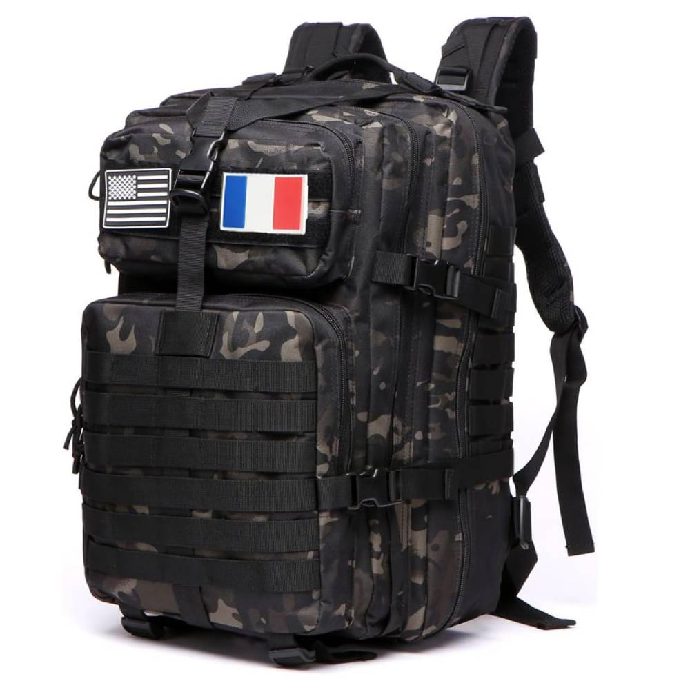 Nouveau projet(4) Camouflage tactical backpack with MOLLE straps and patches showing US and French flags, multiple compartments.