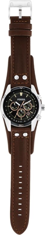 Fossil chronograph wristwatch with black dial, three subdials, and brown stitched leather strap.