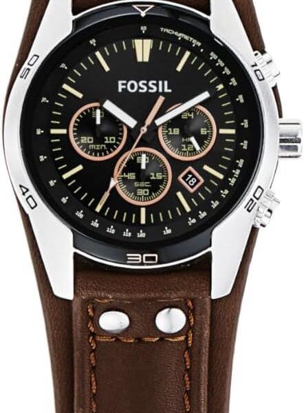 Fossil chronograph wristwatch with black dial, three subdials, and brown stitched leather strap.