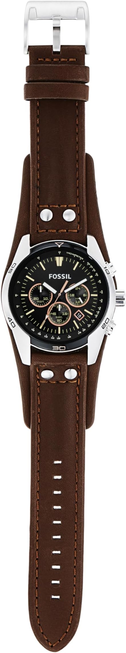 Fossil chronograph wristwatch with black dial, three subdials, and brown stitched leather strap.
