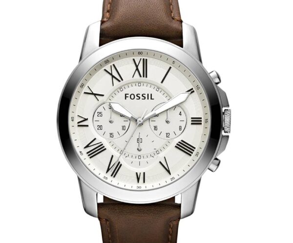 Fossil men's wristwatch with white dial, Roman numerals, three subdials, and a brown leather strap.