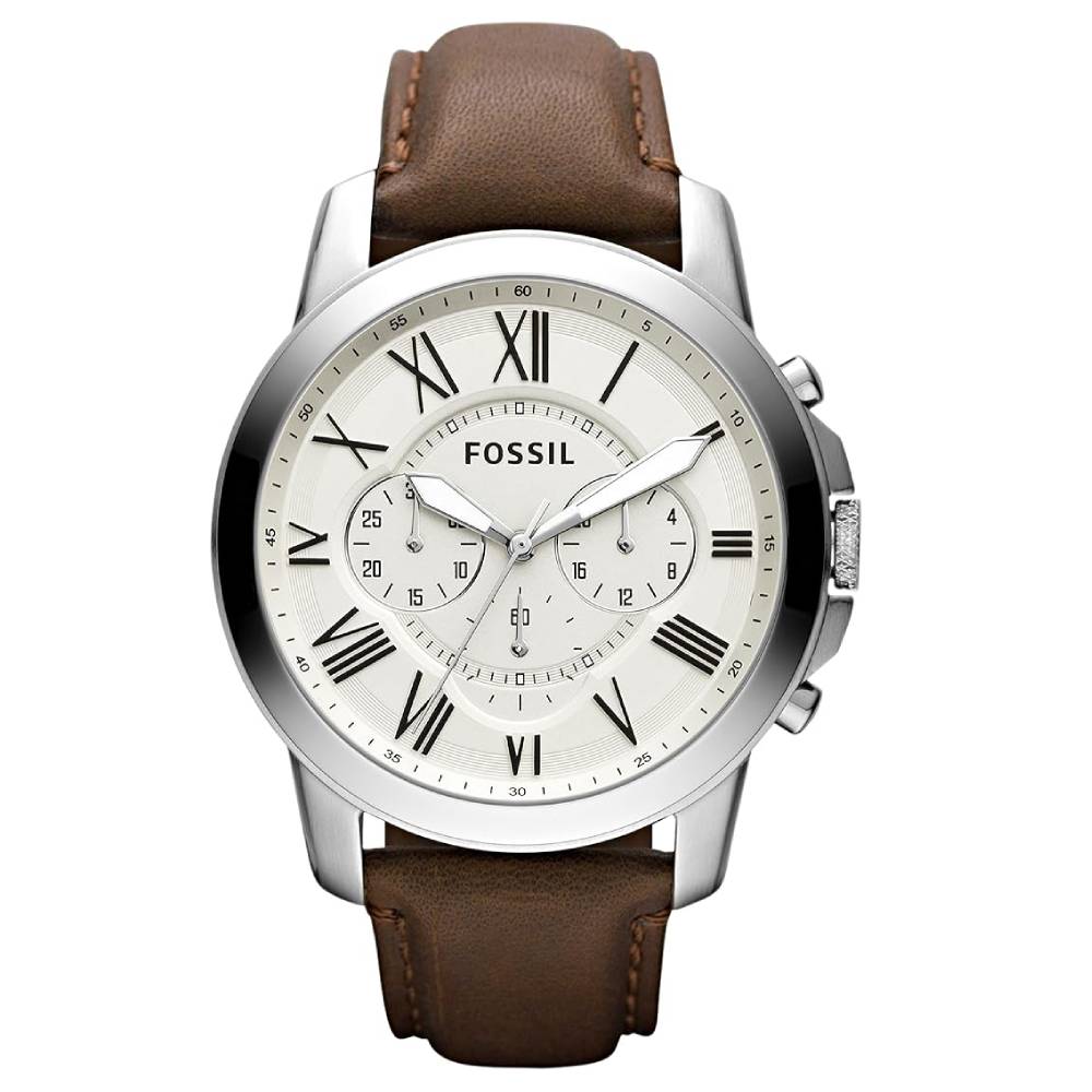 Nouveau projet(5) Fossil men's wristwatch with white dial, Roman numerals, three subdials, and a brown leather strap.