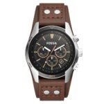 Fossil chronograph wristwatch with black dial, rose-gold subdials, and brown leather strap.