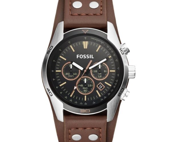 Fossil chronograph wristwatch with black dial, rose-gold subdials, and brown leather strap.