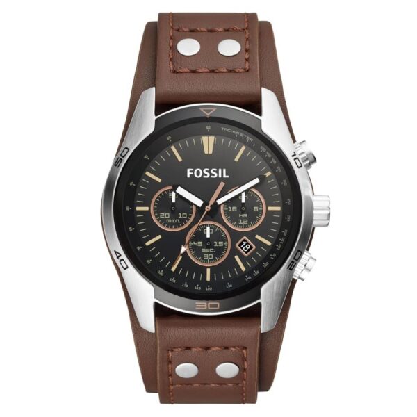 Fossil chronograph wristwatch with black dial, rose-gold subdials, and brown leather strap.