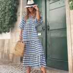 Robe longue à manches bulles motif géométrique - bleu