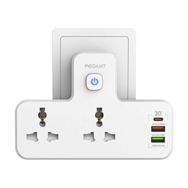 Adaptateur de prise d’alimentation 3 en 1 PEGANT, charge rapide USB-C 20 W, 2 USB-A QC3.0, 2 prises universelles