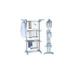 Séchoir à linge inox étendoir pliable sur roulettes, 3 étagères, avec ailes