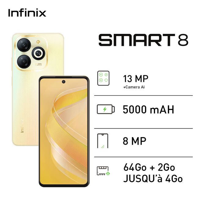 Infinix Smart 8 - 6,6" - 4G - 2 SIM - 64Go + (2+2)Go - 8Mpx/13Mpx - 5000 MAh