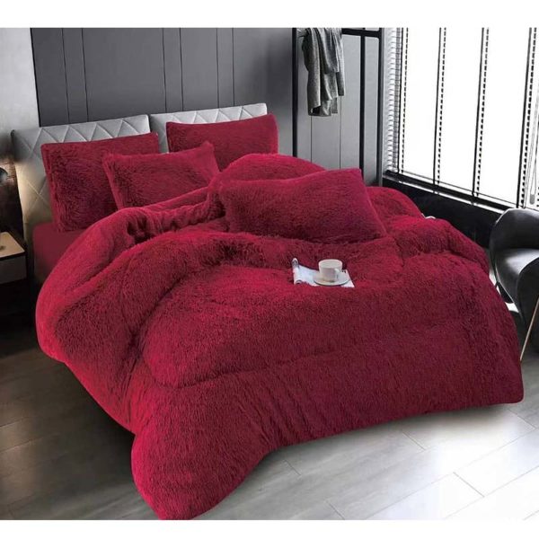 Parure de lit 3 pièces pour lit 3 places (1 couette en peluche + 2 taies d'oreiller) - Rouge