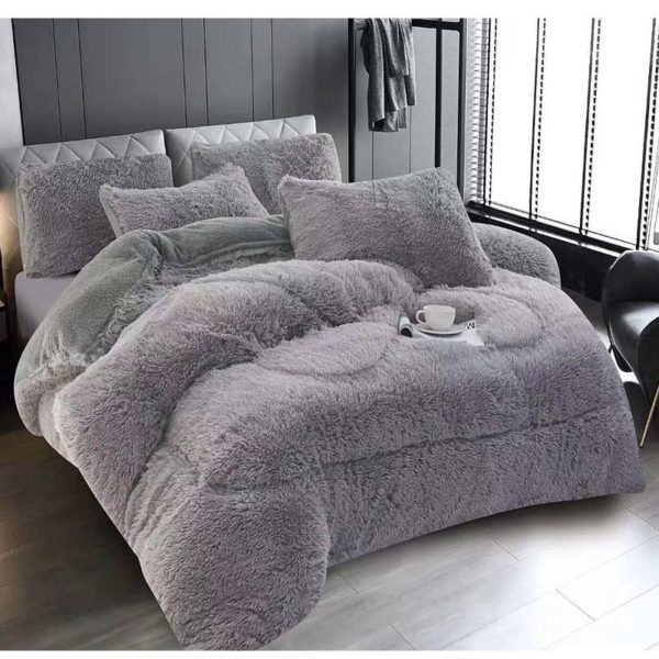 Parure de lit 3 pièces pour lit 3 places (1 couette en peluche + 2 taies d'oreiller) - Gris