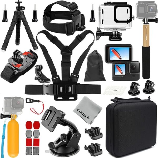 Kit complet d’accessoires Gurmoir avec boîtier étanche pour la caméra Go Pro Hero 12/11/10/9