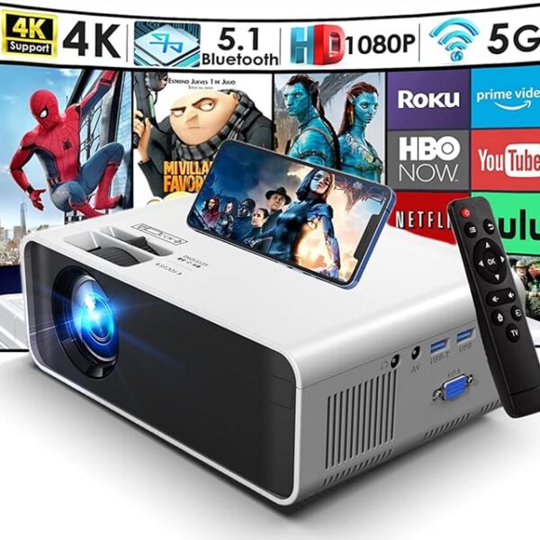Projecteur portable TDOO 4K 1080P HD avec 5G WiFi et Bluetooth, compatible avec smartphone, clé TV, VGA, ordinateurs portables, PC, PS5, HDMI, USB
