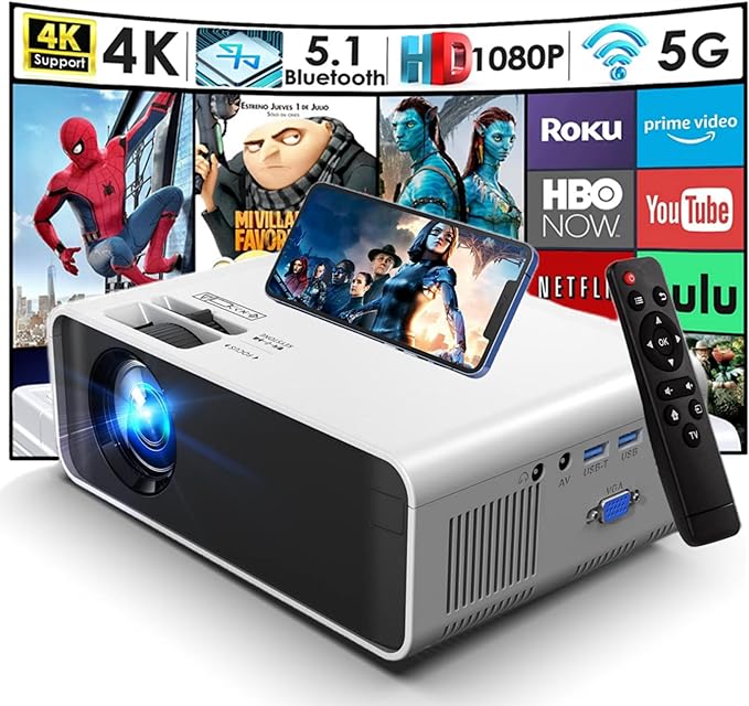 Projecteur portable TDOO 4K 1080P HD avec 5G WiFi et Bluetooth, compatible avec smartphone, clé TV, VGA, ordinateurs portables, PC, PS5, HDMI, USB
