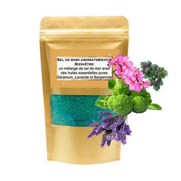 Sel de Bain Bien-être Mélange Huile Géranium, Lavande, Bergamote