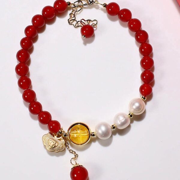 Bracelet Agate rouge, Perles d’eau douce, citrine et Or plaqué